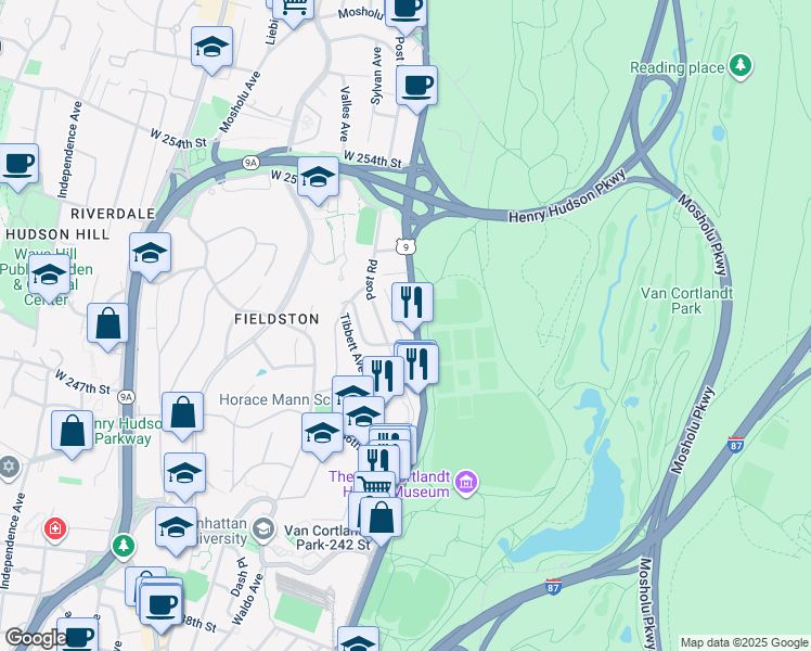 map of restaurants, bars, coffee shops, grocery stores, and more near 221 West 251st Street in Bronx