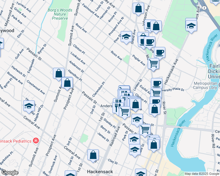 map of restaurants, bars, coffee shops, grocery stores, and more near 220 Anderson Street in Hackensack