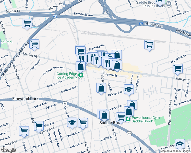 map of restaurants, bars, coffee shops, grocery stores, and more near 500 Victor Street in Saddle Brook