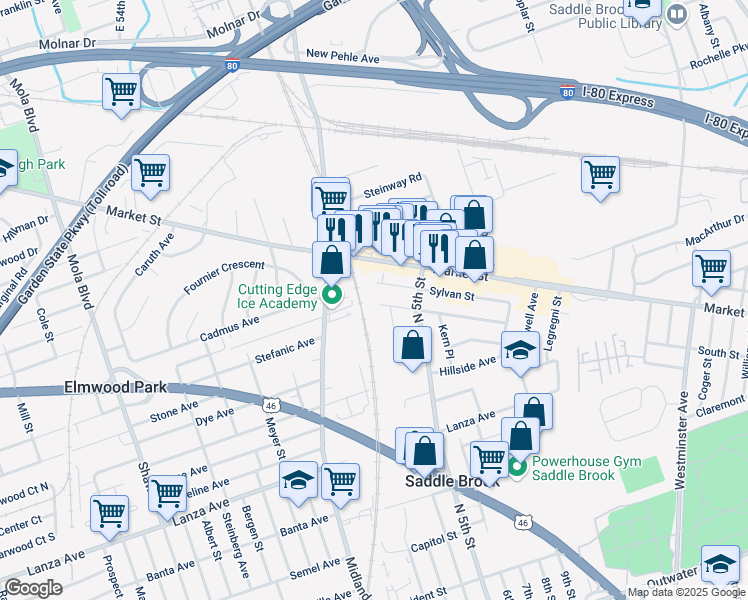 map of restaurants, bars, coffee shops, grocery stores, and more near 500 Victor Street in Saddle Brook
