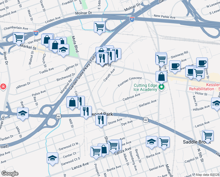map of restaurants, bars, coffee shops, grocery stores, and more near 16 Bredder Court in Elmwood Park