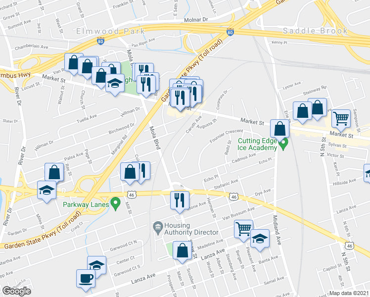map of restaurants, bars, coffee shops, grocery stores, and more near 16 Bredder Court in Elmwood Park