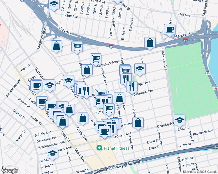 map of restaurants, bars, coffee shops, grocery stores, and more near 209 Michigan Avenue in Paterson