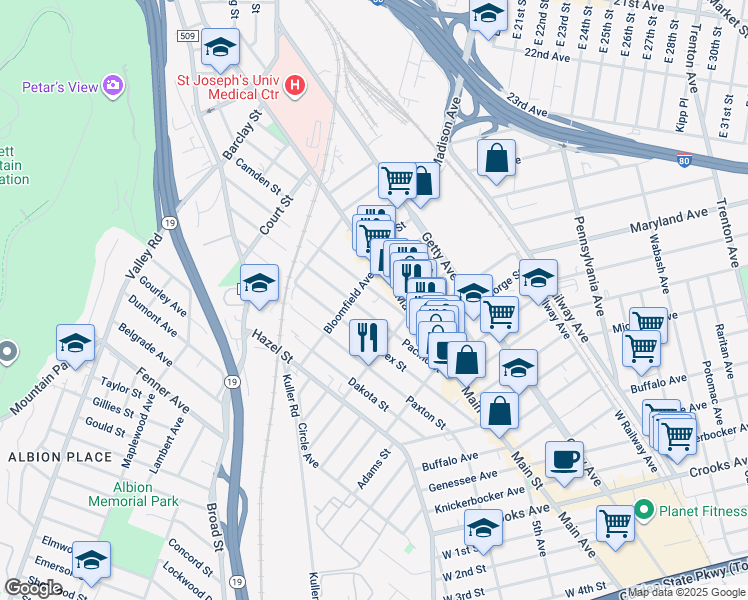 map of restaurants, bars, coffee shops, grocery stores, and more near 332 Atlantic Street in Paterson
