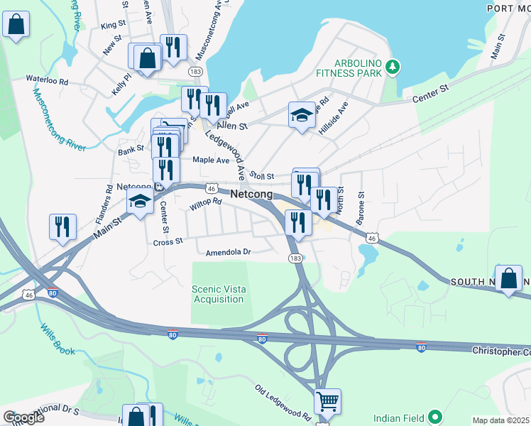 map of restaurants, bars, coffee shops, grocery stores, and more near 9 Oak Street in Netcong