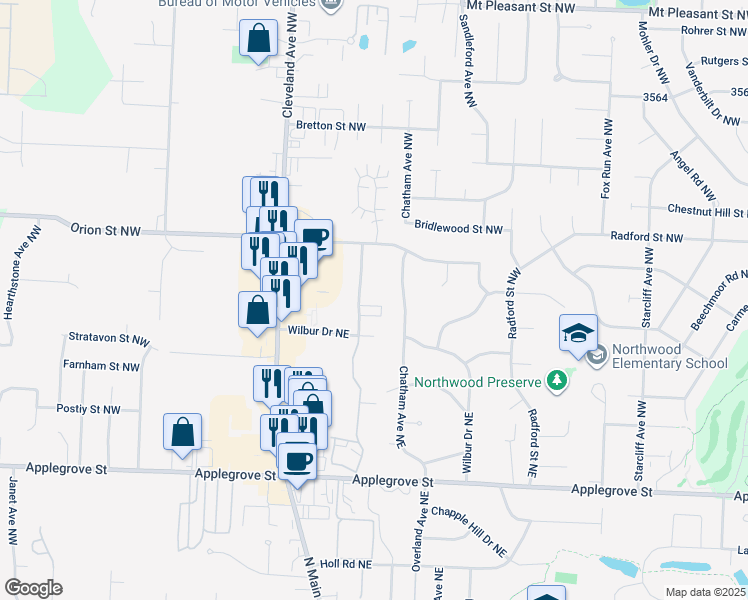 map of restaurants, bars, coffee shops, grocery stores, and more near 1740 Beechwood Avenue Northeast in North Canton