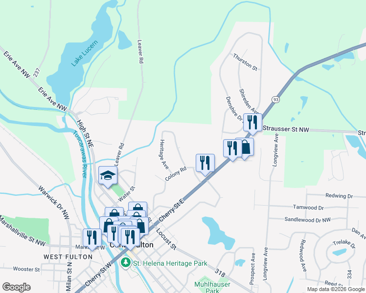 map of restaurants, bars, coffee shops, grocery stores, and more near 370 Waterside Avenue in Canal Fulton
