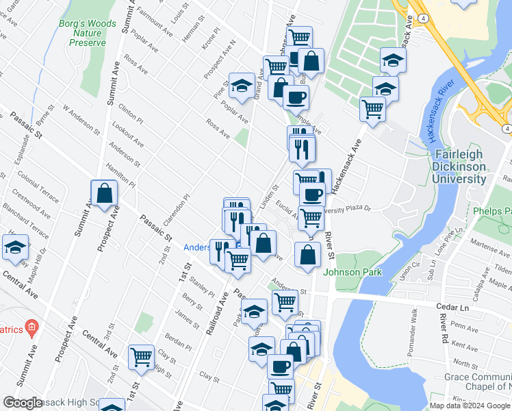 map of restaurants, bars, coffee shops, grocery stores, and more near 105 Terrace Place in Hackensack