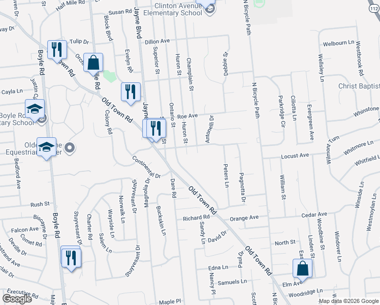 map of restaurants, bars, coffee shops, grocery stores, and more near 67 Huron Street in Port Jefferson Station