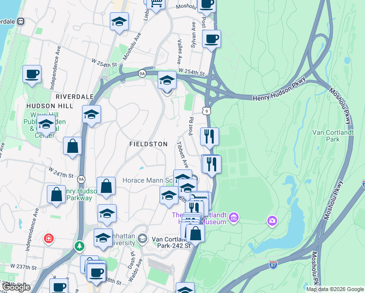 map of restaurants, bars, coffee shops, grocery stores, and more near 5030 Tibbett Avenue in The Bronx