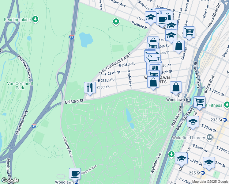 map of restaurants, bars, coffee shops, grocery stores, and more near 81 East 233rd Street in Bronx