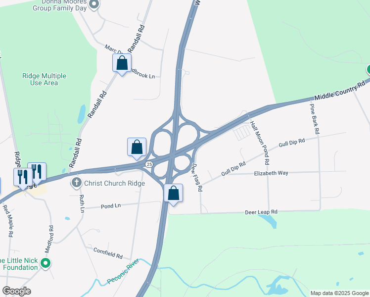 map of restaurants, bars, coffee shops, grocery stores, and more near Middle Country Road in Ridge
