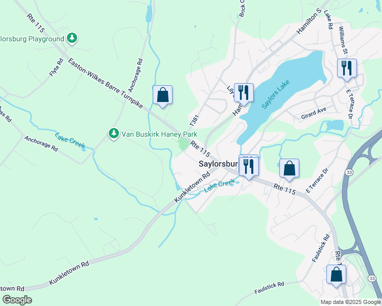 map of restaurants, bars, coffee shops, grocery stores, and more near 122 Hildabrant Lane in Saylorsburg