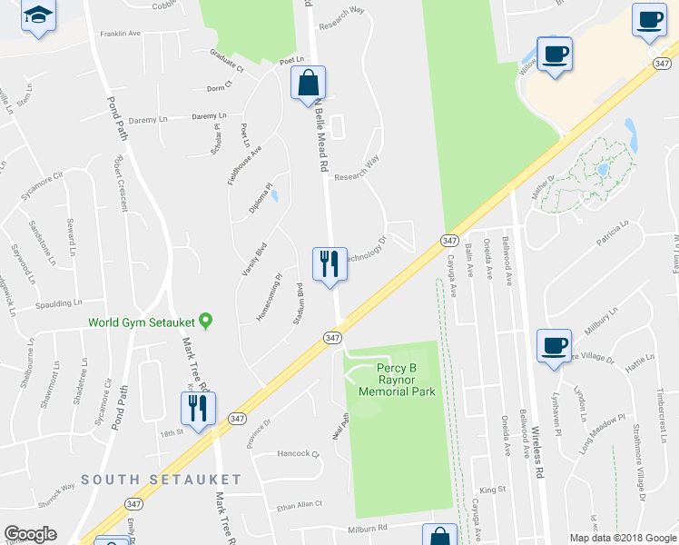 map of restaurants, bars, coffee shops, grocery stores, and more near 200 North Belle Mead Avenue in Setauket- East Setauket
