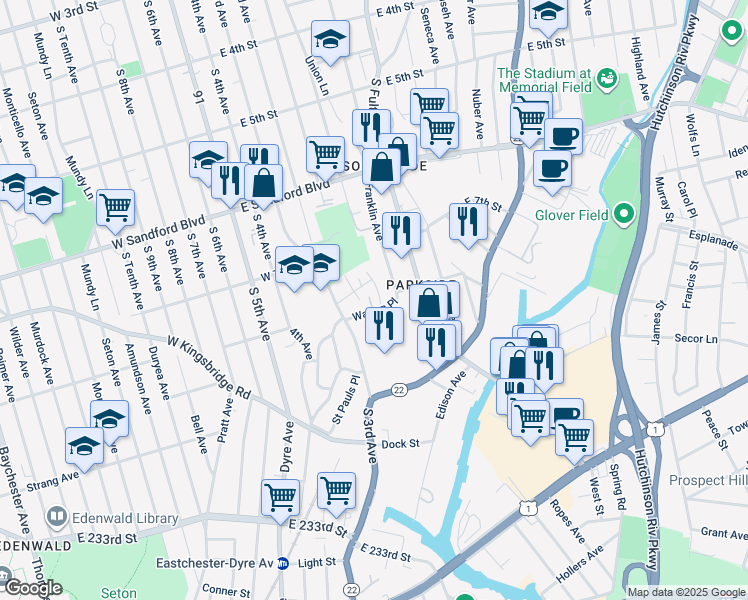 map of restaurants, bars, coffee shops, grocery stores, and more near 32 Warren Place in Mount Vernon