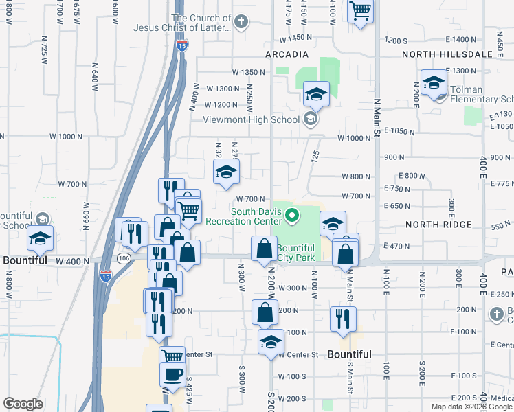 map of restaurants, bars, coffee shops, grocery stores, and more near 577 North 200 West in Bountiful