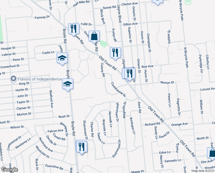 map of restaurants, bars, coffee shops, grocery stores, and more near 23 Colony Road in Port Jefferson Station