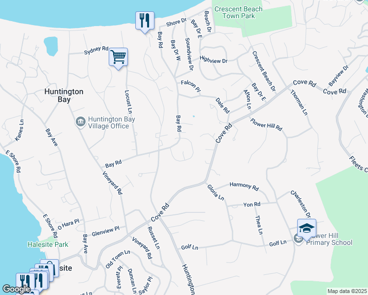 map of restaurants, bars, coffee shops, grocery stores, and more near 8 Northwood Circle in Halesite
