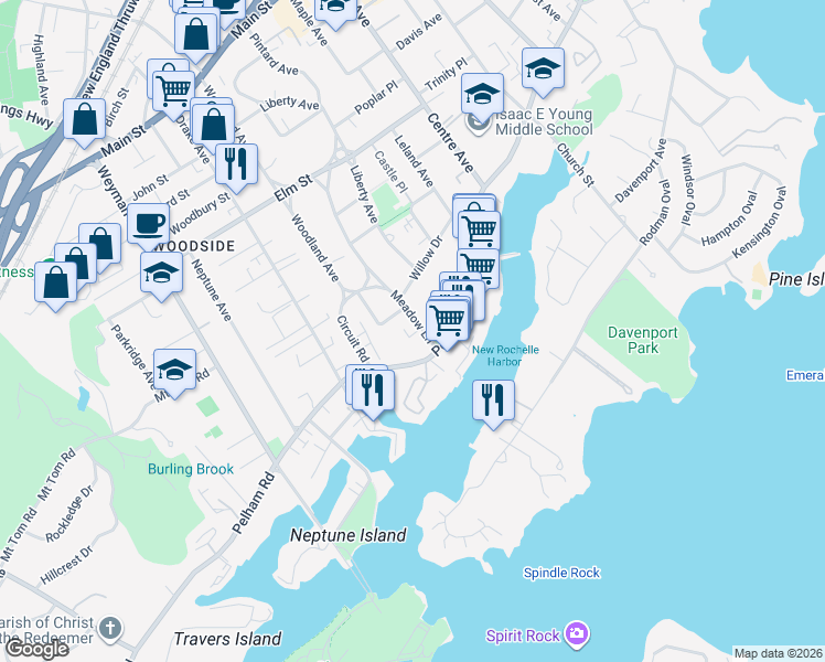 map of restaurants, bars, coffee shops, grocery stores, and more near 463 Pelham Road in New Rochelle