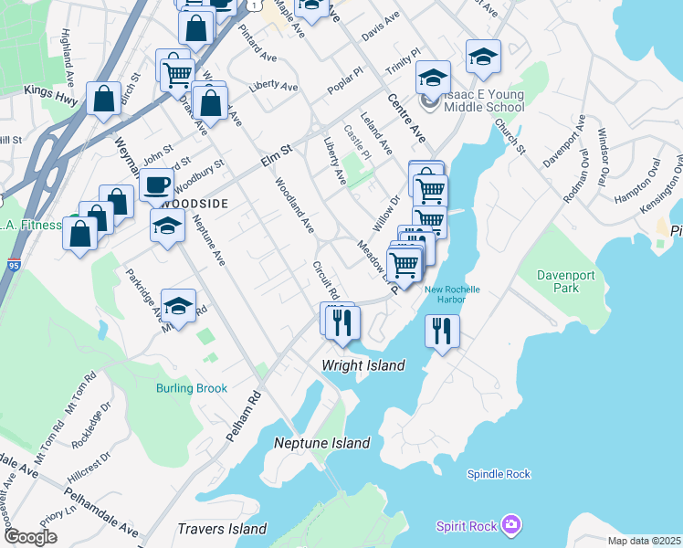map of restaurants, bars, coffee shops, grocery stores, and more near 21 Circuit Road in New Rochelle