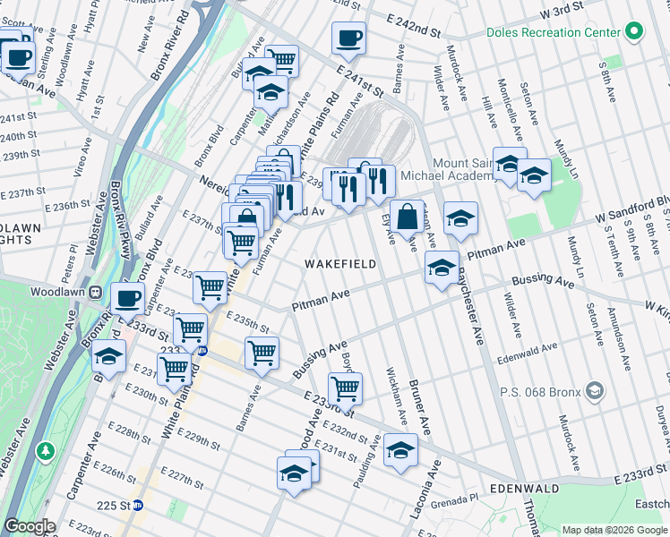 map of restaurants, bars, coffee shops, grocery stores, and more near in The Bronx