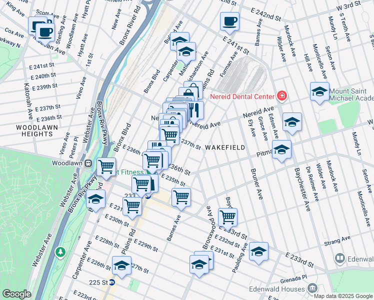 map of restaurants, bars, coffee shops, grocery stores, and more near 4329 Byron Avenue in Bronx