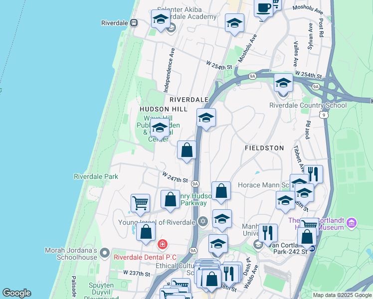 map of restaurants, bars, coffee shops, grocery stores, and more near 4767 Henry Hudson Parkway West in The Bronx