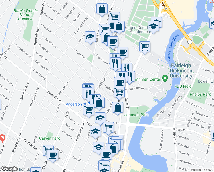 map of restaurants, bars, coffee shops, grocery stores, and more near 39 Euclid Avenue in Hackensack