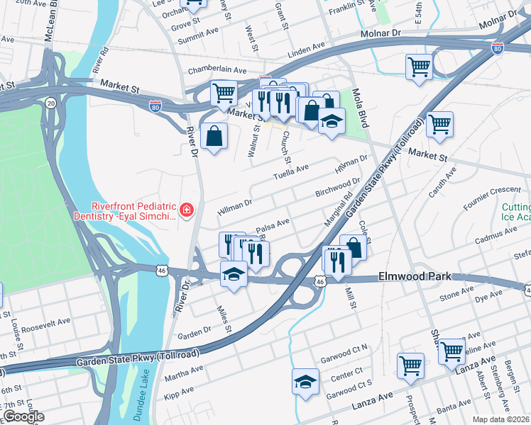 map of restaurants, bars, coffee shops, grocery stores, and more near 80 Birchwood Drive in Elmwood Park