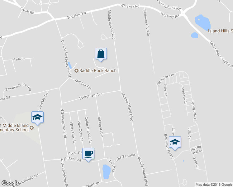 map of restaurants, bars, coffee shops, grocery stores, and more near 66 Middle Island Boulevard in Middle Island