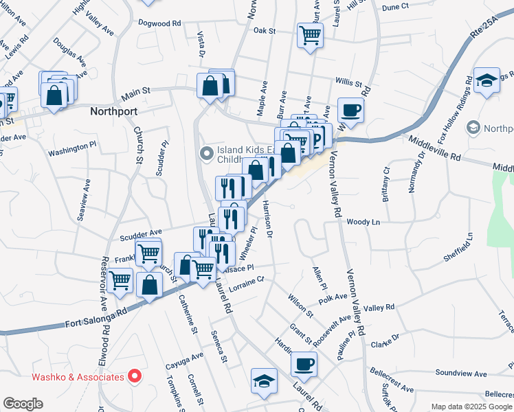 map of restaurants, bars, coffee shops, grocery stores, and more near 9 Harrison Drive in Northport