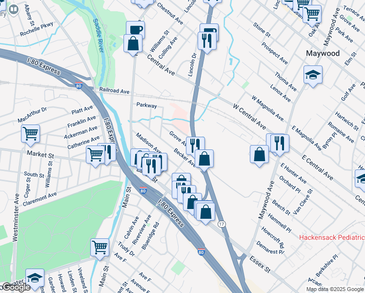 map of restaurants, bars, coffee shops, grocery stores, and more near 109 Becker Avenue in Rochelle Park