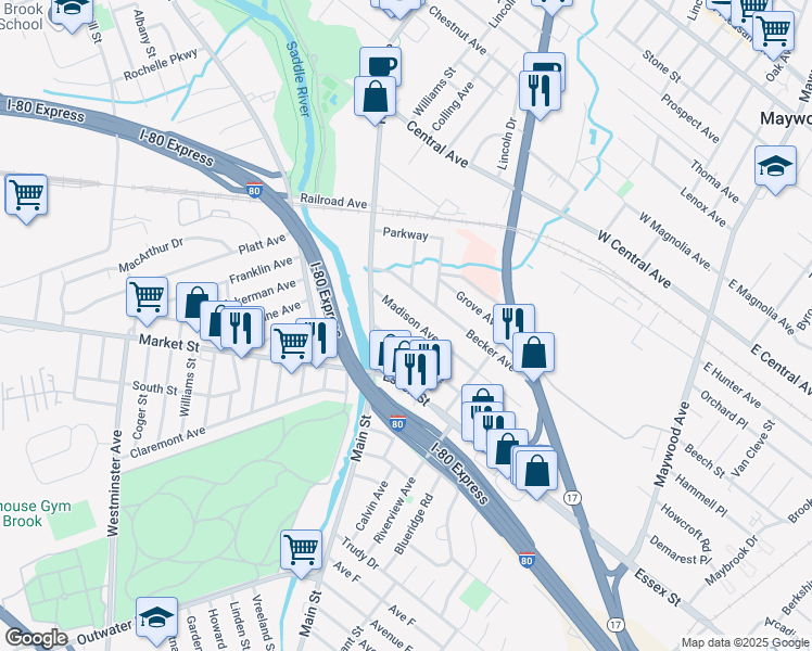map of restaurants, bars, coffee shops, grocery stores, and more near 45 Madison Avenue in Rochelle Park