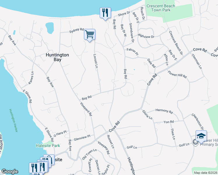 map of restaurants, bars, coffee shops, grocery stores, and more near 50 Bay Road in Halesite
