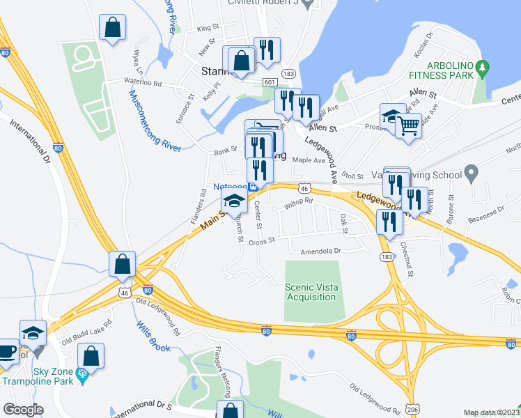 map of restaurants, bars, coffee shops, grocery stores, and more near 9 Center Street in Netcong