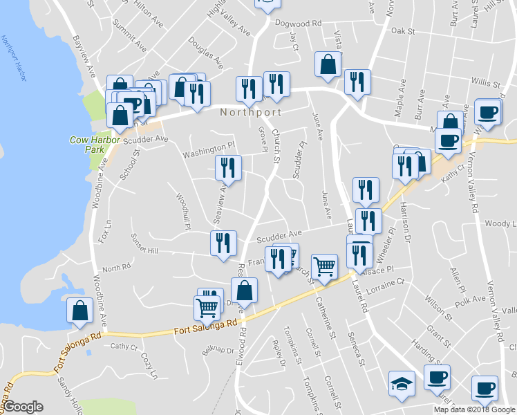 map of restaurants, bars, coffee shops, grocery stores, and more near 15 Reservoir Avenue in Northport