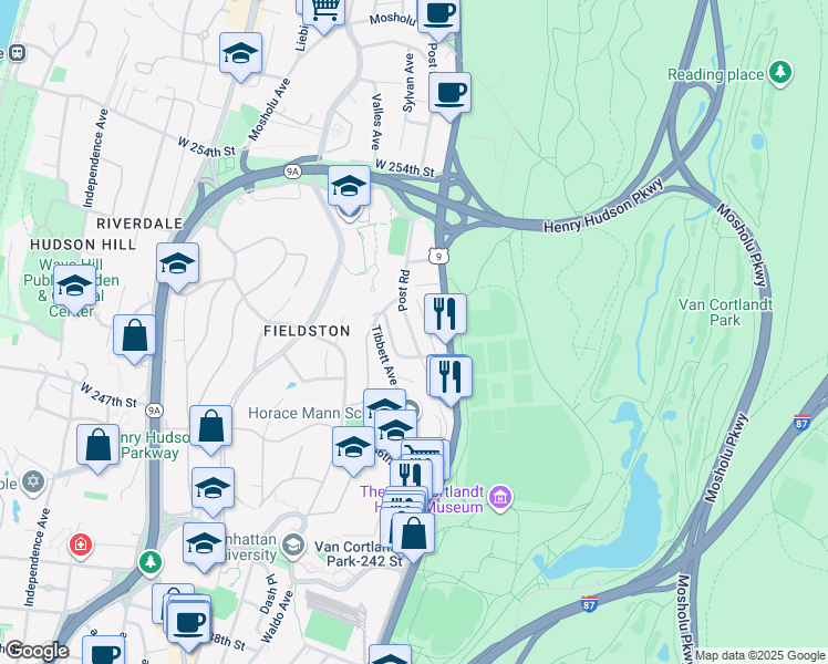 map of restaurants, bars, coffee shops, grocery stores, and more near 221 West 251st Street in Bronx