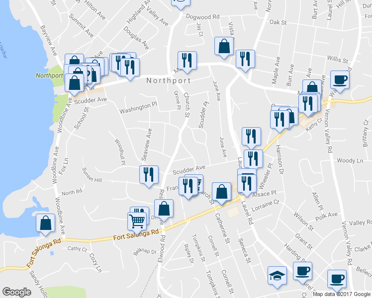 map of restaurants, bars, coffee shops, grocery stores, and more near 144 Church Street in Northport