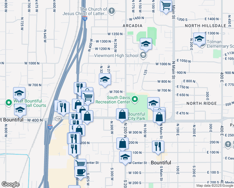 map of restaurants, bars, coffee shops, grocery stores, and more near 557 North 200 West in Bountiful