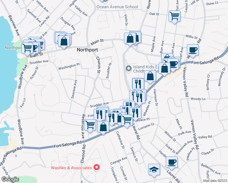 map of restaurants, bars, coffee shops, grocery stores, and more near 58 Scudder Place in Northport