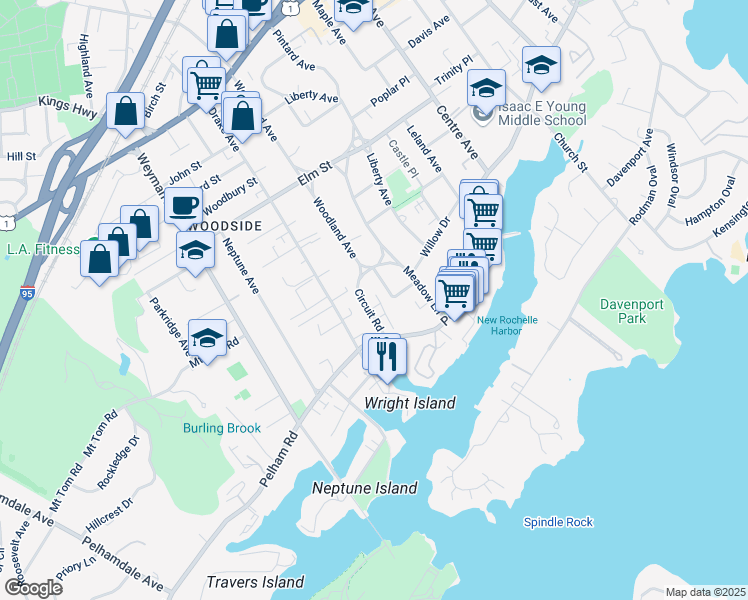 map of restaurants, bars, coffee shops, grocery stores, and more near 21 Circuit Road in New Rochelle