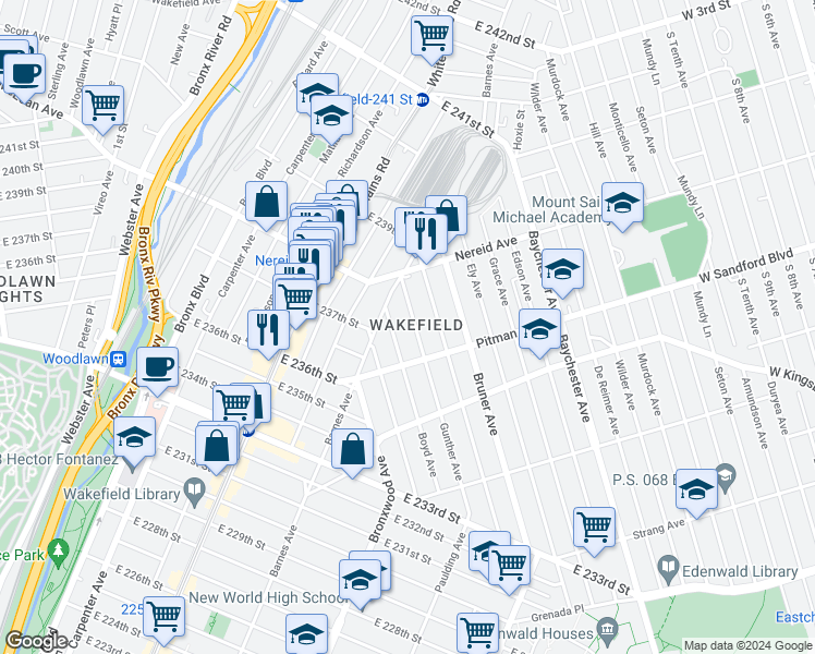 map of restaurants, bars, coffee shops, grocery stores, and more near in The Bronx