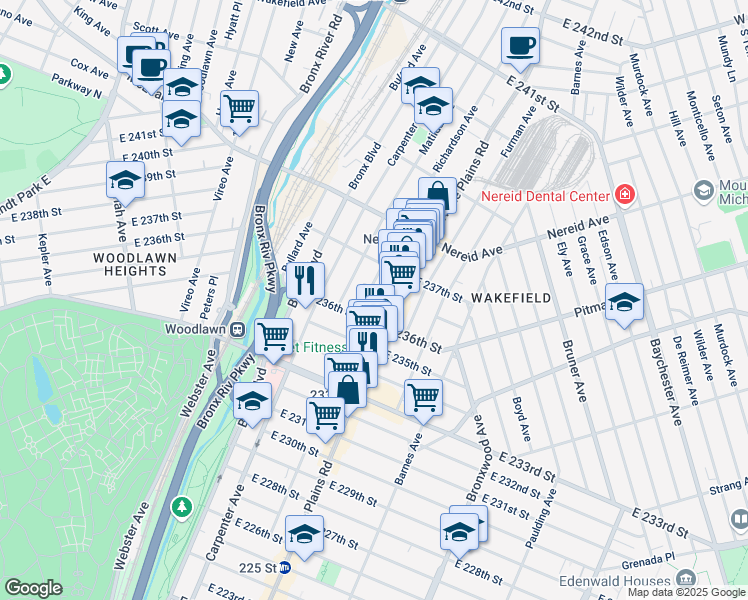 map of restaurants, bars, coffee shops, grocery stores, and more near 679 East 236th Street in Bronx