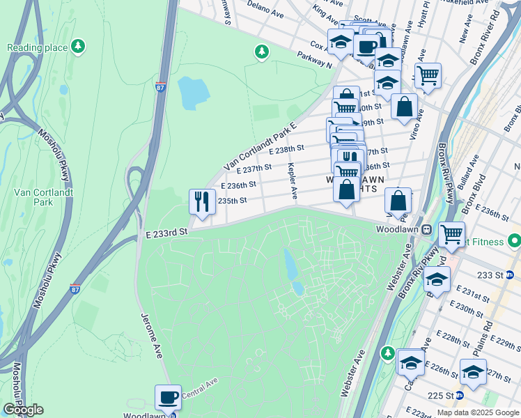 map of restaurants, bars, coffee shops, grocery stores, and more near in The Bronx