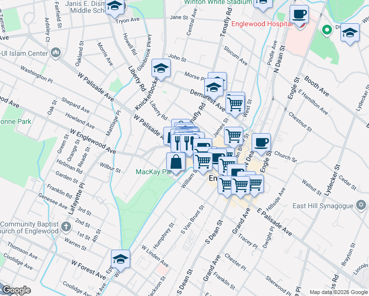 map of restaurants, bars, coffee shops, grocery stores, and more near 90 West Palisade Avenue in Englewood