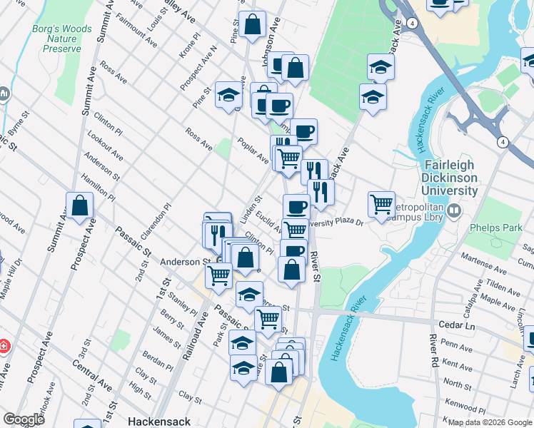 map of restaurants, bars, coffee shops, grocery stores, and more near 39 Euclid Avenue in Hackensack
