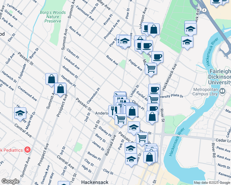 map of restaurants, bars, coffee shops, grocery stores, and more near 84 Vanderbeck Place in Hackensack