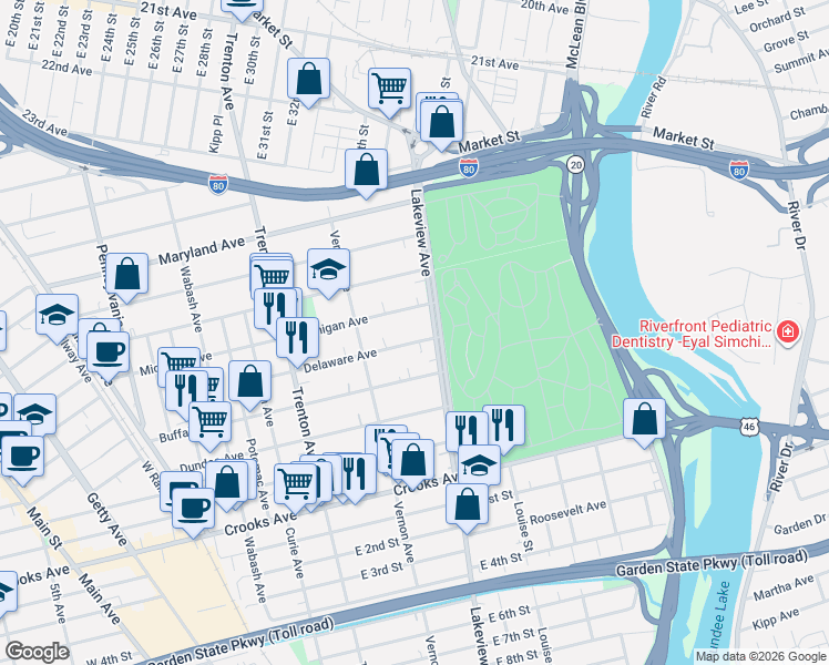 map of restaurants, bars, coffee shops, grocery stores, and more near 366 Delaware Avenue in Paterson