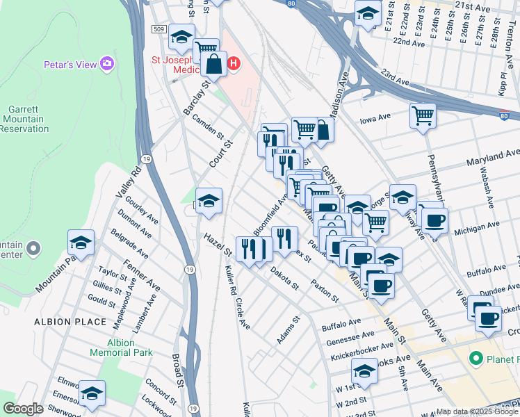 map of restaurants, bars, coffee shops, grocery stores, and more near 266 Sussex Street in Paterson