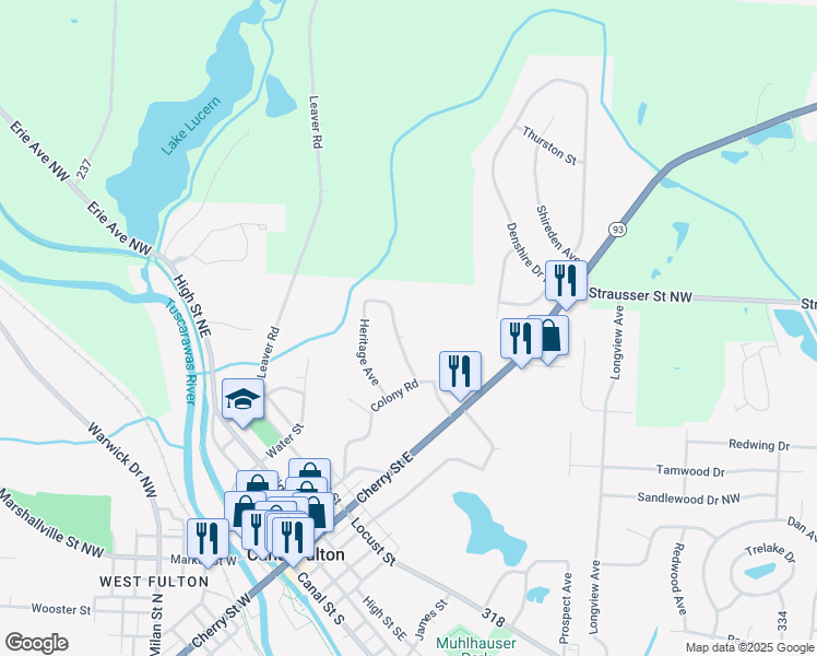 map of restaurants, bars, coffee shops, grocery stores, and more near 370 Waterside Avenue in Canal Fulton